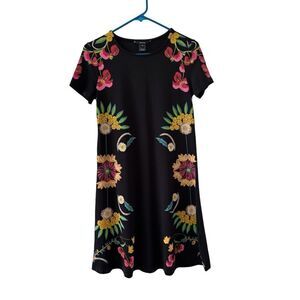 Desigual Floral Short Sleeve Round Neck Shift Mini Dress Black Women's Size XS